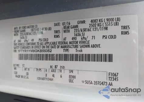 2016 Ford Transit-250 T-250 from USA, damaged, VIN 1FTYR1YM8GKB55352